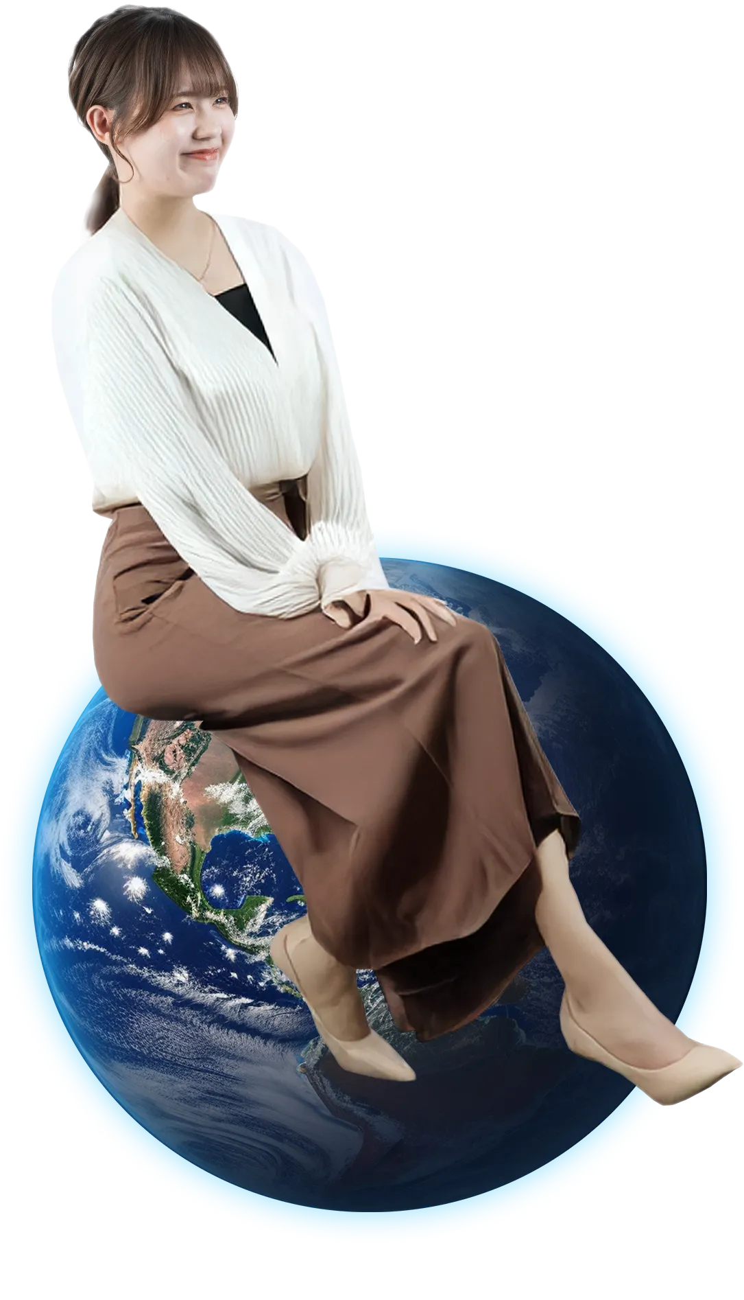 地球に座る女性スタッフ