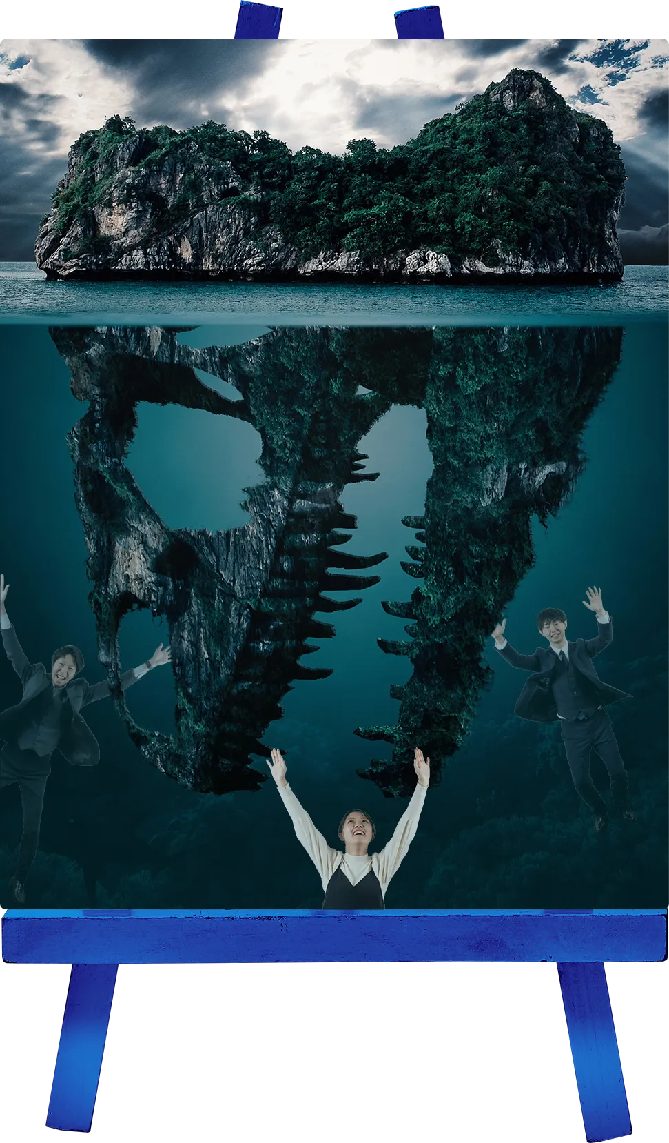 水中部分が恐竜の頭蓋骨になっている島の絵