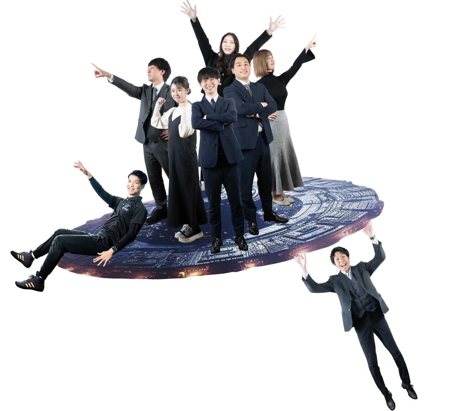 宇宙船に乗ったスタッフたち